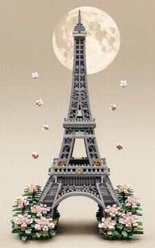 Eiffel Tower LEGO model under full moon, surrounded by floating flowers and soft lighting.