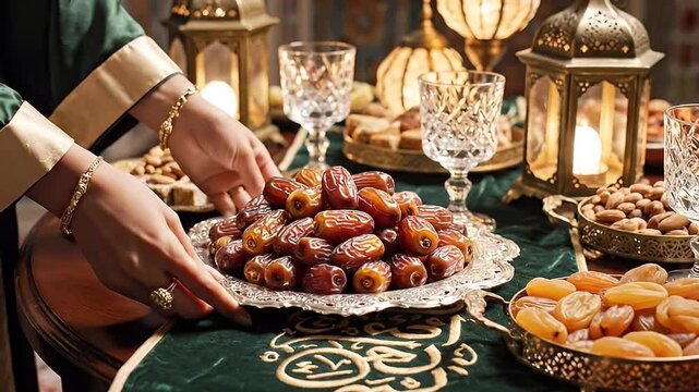 Elegant Ramadan feast with dates and lanterns.