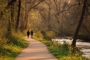 Silhouetted couple strolling on a spring paved trail in a Virginia forest