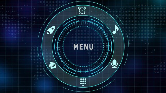 Futuristic digital menu interface with circular HUD navigation, media control icons and modern UI technology design.