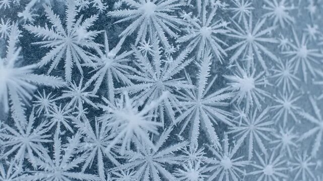 Frost patterns on a frozen surface, showcasing intricate snowflake designs. The scene highlights the effects of cold temperatures in an arctic environment.