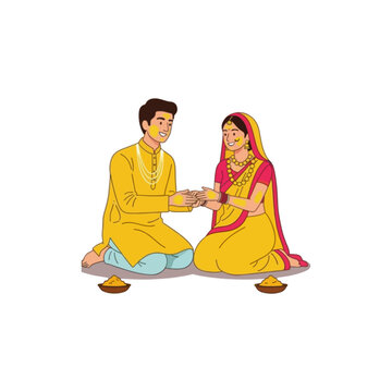 Indian Couple Celebrating Haldi Ceremony Vector Illustration