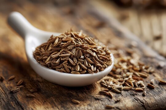 Spice still life featuring cumin seeds in a ceramic spoon on aged wood board