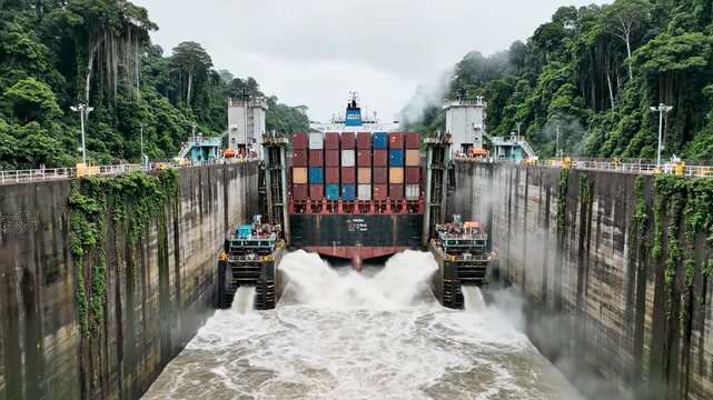 A large cargo ship navigates through a canal surrounded by lush green trees. Water flows rapidly from the locks, creating a dynamic scene of transportation.
