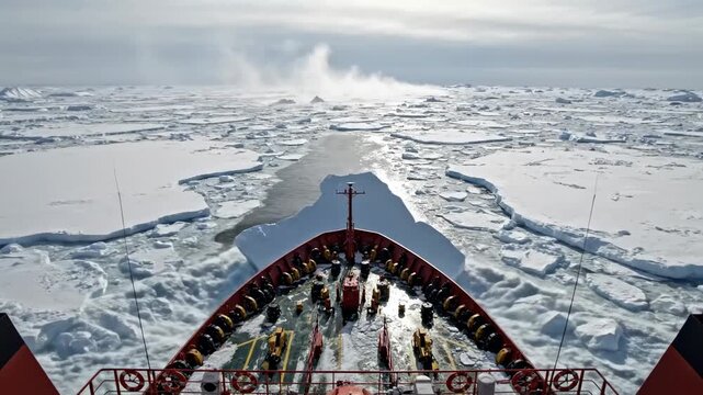 An icebreaker ship navigates through melting ice in the Arctic. The scene highlights climate change and extreme weather conditions affecting the frozen sea.