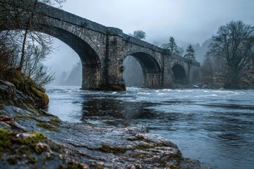 Fototapeta premium Stormy scene: a stone bridge spanning a churning river and rain-soaked landscape