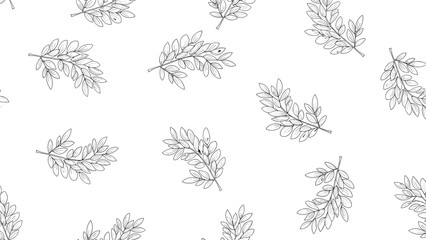 Delicate seamless pattern featuring hand drawn grey leafy branches arranged in a subtle and elegant repeating design on a white background.