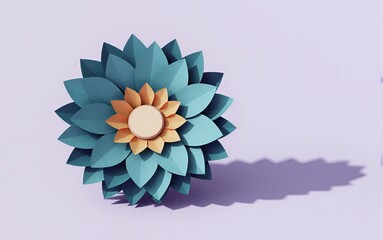 Teal paper flower with beige center, casting soft shadow on light purple background.