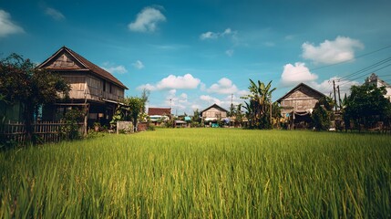 Obraz premium Lush Green Rice Paddy Field with Traditional Houses Under a Blue Sky.