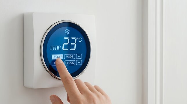 Finger presses the ON OFF button on a modern digital thermostat displaying 23 degrees Celsius and the time 18 00 temperature control home climate indoor smart technology heating