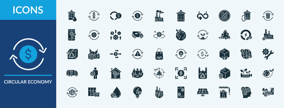 Circular Economy - Icon Collection. Thin Glyph Solid Set contains such Icons as return of investment, zero waste, delivery truck and more. Simple web icons set
