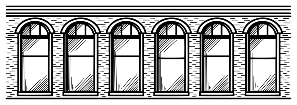 Vintage brick building facade with arched windows in hand drawn woodcut engraving style