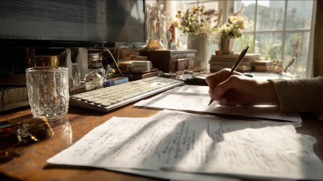Handwriting notes on a sunny wooden desk with computer and vintage items. creativity and focus