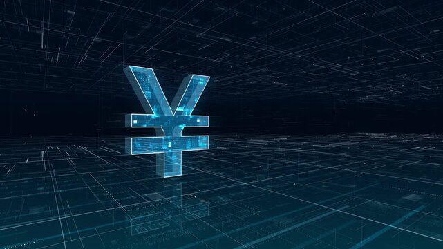 Motion graphic of a glowing yen currency symbol floating in a futuristic digital grid, representing financial technology, digital economy, and global currency systems for business and fintech use.