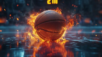 Fototapeta premium Dynamic Basketball on Fire with Sparks – Action-Packed Sports Concept on a Professional Court, Reflected on the Shiny Floor with Scoreboard in the Background, Showcasing Power and Intensity