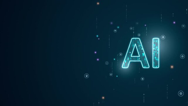 Glowing AI letters in a futuristic digital space, symbolizing artificial intelligence technology, data processing, and innovation for business, technology, and corporate communication