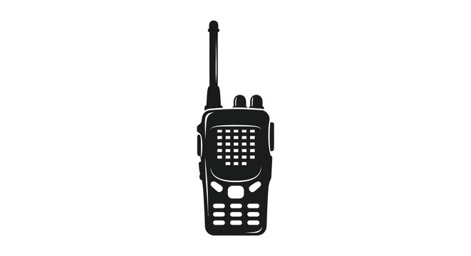 A monochrome illustration depicts a modern walkie talkie showcasing its antenna buttons and overall compact design high quality professional