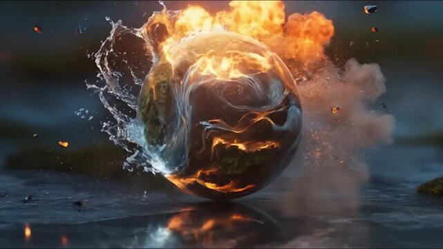 Glowing elemental power sphere with swirling fire mist and organic earth textures in cinematic sci-fi animation