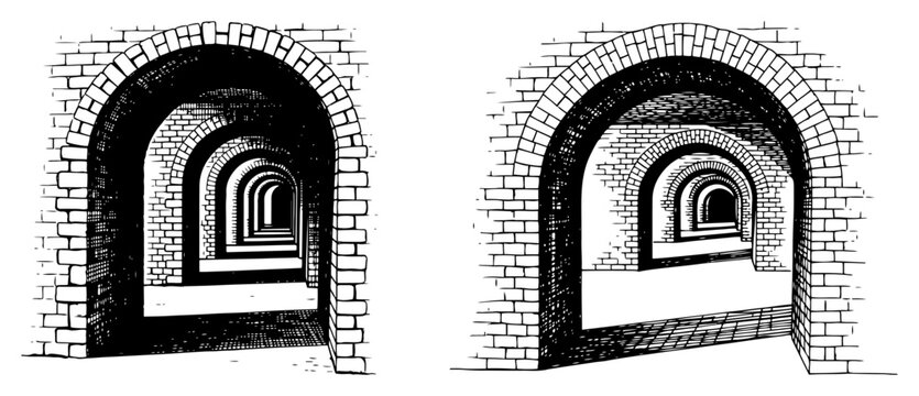 Perspective view of a vaulted brick archway corridor in vintage woodcut engraving style