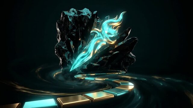 Surreal dark fantasy 3D render: massive jagged black rock erupts from a swirling teal vortex, crowned by glowing turquoise ethereal flame, over a twisting path of gold and cyan tiles into misty abyss