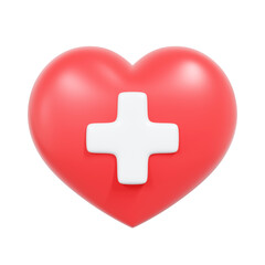 Obraz premium A glossy red 3D heart with a white medical cross symbol, representing health, care, wellness, first aid, and medical support