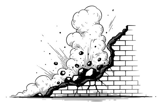 Collapsing brick wall exploding with smoke and debris in vintage woodcut engraving style