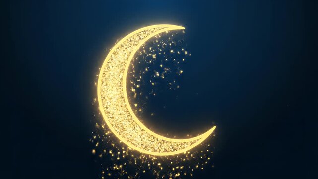 Glowing crescent moon floats among sparkles in dark blue background.
