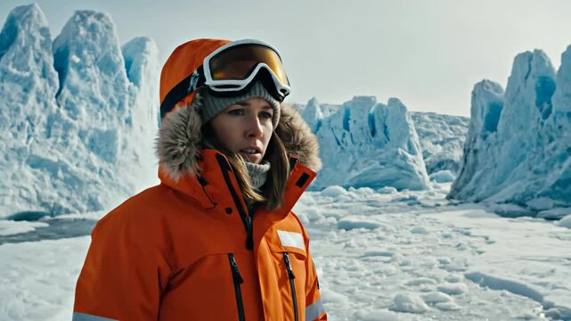 A young Caucasian woman in an orange parka points towards ice formations in the Arctic. The scene showcases melting ice and a frozen sea under clear skies.