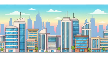 Fototapeta premium cartoon cityscape with modern buildings soft sky colors simple shapes clean composition wide view calm mood stock illustration