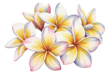 Fototapeta premium Watercolor Plumeria Flowers Isolated on Transparent Background Tropical Floral Illustration. Plumeria Flower Blossoms PNG.
