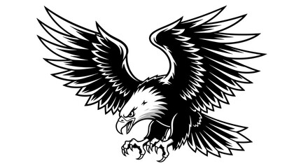 Fototapeta premium Aggressive Eagle Bird of Prey Landing with Wings Spread Wide and Talons Outlined in Black and White