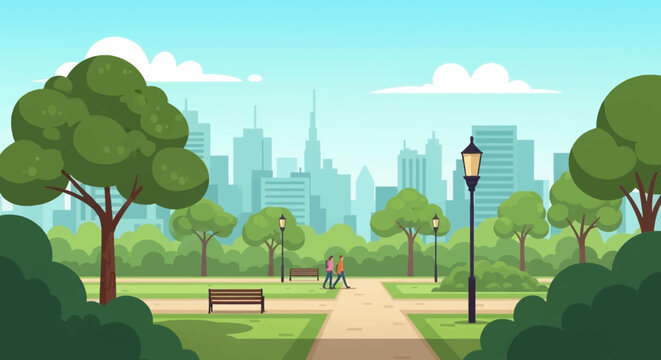 cartoon city park with trees walking paths soft green colors simple shapes calm atmosphere clean background wide view