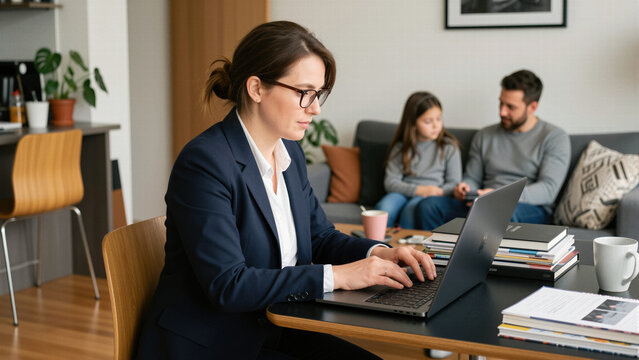 A dedicated working mother focuses on her remote professional tasks using a laptop while balancing family life in a comfortable home environment.
