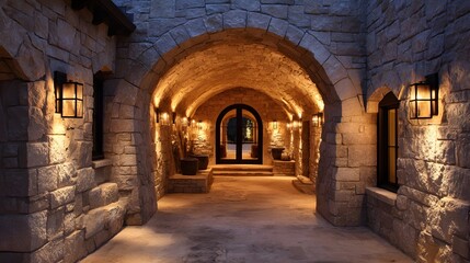 Obraz premium Enchanting Stone Archway Entrance to a Luxurious Estate at Dusk.