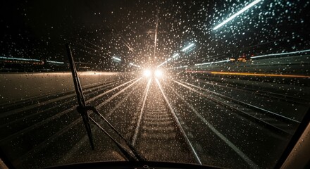 Rainy night on train tracks.