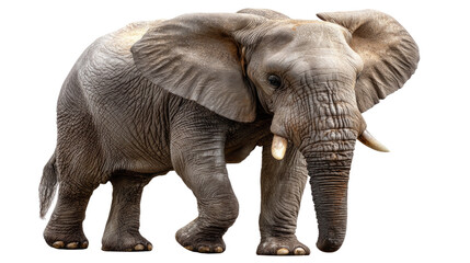 Obraz premium Majestic Elephant: A solitary elephant, captured in a moment of poised movement, showcasing its imposing stature, textured skin, and graceful tusks.