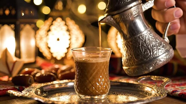 Pouring Turkish Coffee Into Glass During Cozy Night Scene.