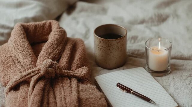 Cozy morning routine with robe, coffee, candle, and journal on soft bedding. Summer journal prompts, creating a warm relaxation vibe
