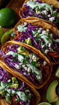 Delicious pulled chicken tacos with cabbage slaw and avocado sauce on wooden board. Vegan tacos with jackfruit, red cabbage slaw, avocado crema, and lime, boho, Mexican street food