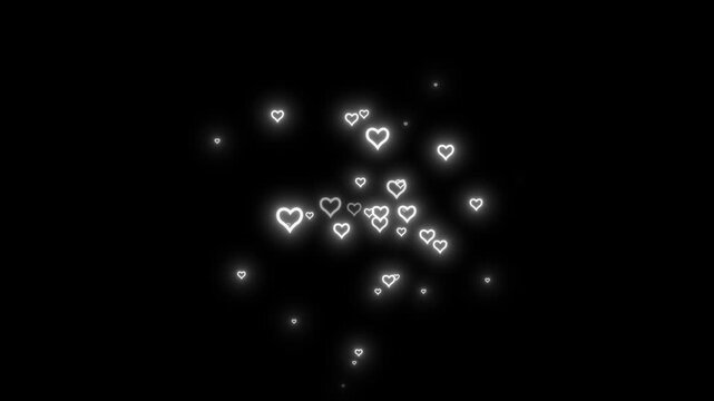 Valentines day neon heart particles animation, romantic love symbols on black background, wedding video overlay effect, glowing white hearts floating, cinematic motion graphics. 4k video