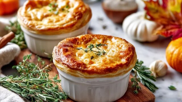 Golden puff pastry pot pies in ramekins with autumn decor and herbs on table. Freshly baked individual turkey pot pies with golden crust, concept of homemade holiday baking treat