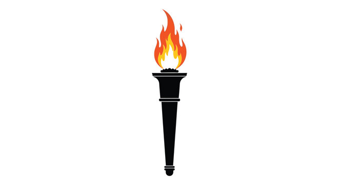 A striking illustration depicts a black torch with a vibrant detailed flame rising upwards against a white background