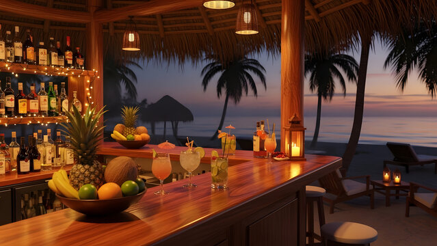 Tropical beach bar at dusk with cocktails and palm trees