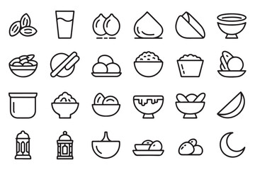Ramadan kareem iftar suhoor eid food icons set line style, traditional islamic meal, holiday dishes