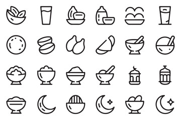 Ramadan kareem suhoor iftar eid food icons set line style, traditional islamic meal, holiday dishes