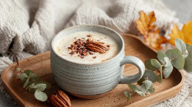 Warm autumn drink topped with whipped cream and pecans on cozy wooden tray. Latte with maple syrup and pecan garnish in a ceramic cup on a wooden tray, autumn leaves scattered around