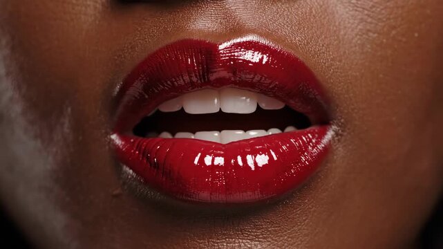 Woman with red glossy lips closes, opens, then shows tongue. African American beauty with makeup and expression.