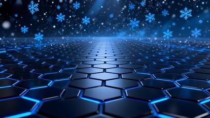 Fototapeta premium Futuristic hexagonal floor with glowing blue snowflakes in a dark, starry environment