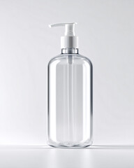 Unlabeled clear pump bottle on bright white seamless background with space for label