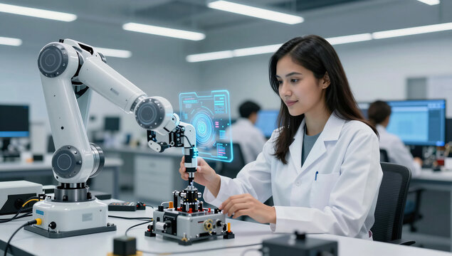 Hispanic Female Engineer Collaborating with AI Robotic System